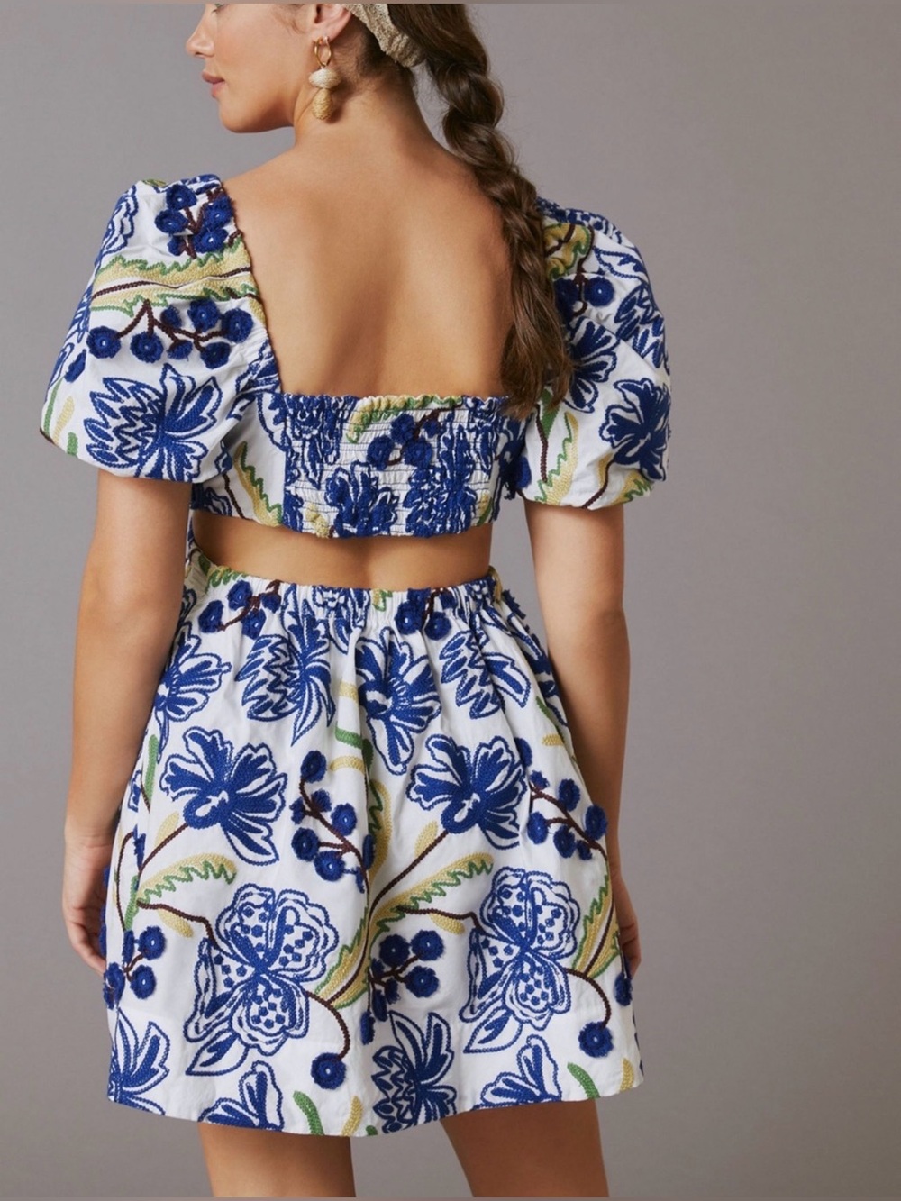Anthropologie Embroidered Puff Sleeve Cutout Mini Dress White Blue XL Boho - Picture 2 of 9